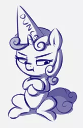 Size: 874x1344 | Tagged: safe, artist:heretichesh, derpibooru import, sweetie belle, pony, unicorn, crossed arms, dunce hat, female, filly, hat, image, monochrome, png, scrunchy face, simple background, sitting, sketch, solo
