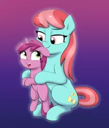 Size: 1616x1888 | Tagged: safe, artist:heretichesh, derpibooru import, ruby pinch, strawberry ice, earth pony, pony, unicorn, age difference, colored, female, filly, foalcon, holding a pony, image, lesbian, looking at each other, mare, mare on filly, nervous, png, raised eyebrow, simple background, stranger danger, underage