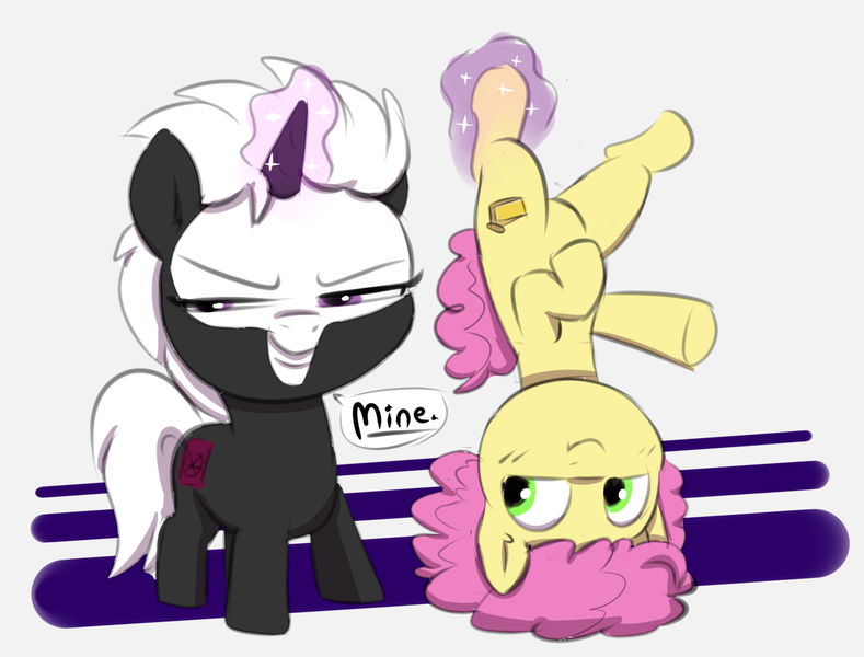 Size: 1502x1142 | Tagged: safe, artist:heretichesh, derpibooru import, li'l cheese, oc, oc:s.leech, earth pony, pony, unicorn, the last problem, canon x oc, colored, colt, evil grin, female, filly, grin, hanging, hanging upside down, image, levitation, magic, magic aura, male, mine, png, simple background, smiling, telekinesis, upside down