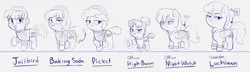 Size: 5052x1460 | Tagged: safe, artist:heretichesh, derpibooru import, oc, oc:baking soda, oc:high beam, oc:jailbird, oc:lockdown, oc:night watch, oc:picket, bat pony, earth pony, pegasus, pony, unicorn, clothes, female, filly, flashlight (object), image, inmate, insomnia, jail, male, officer, png, uniform, warden