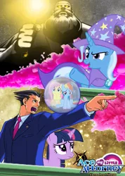 Size: 755x1058 | Tagged: safe, artist:turnaboutterror, derpibooru import, fluttershy, rainbow dash, trixie, twilight sparkle, ace attorney, crossover, image, phoenix wright, png, poster