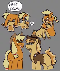 Size: 979x1155 | Tagged: safe, artist:tezzbot, derpibooru import, applejack, braeburn, earth pony, pony, colt, colt braeburn, cousins, female, filly, filly applejack, gray background, headcanon, image, lgbt headcanon, male, mare, missing cutie mark, noogie, pinned, png, simple background, stallion, tongue out, younger