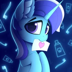 Size: 1920x1920 | Tagged: safe, artist:alexbefest, derpibooru import, minuette, pony, unicorn, blue, cute, ear fluff, eyebrows, hoof hold, hooves, image, jpeg, looking at you, mouth hold, neon, solo