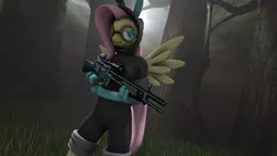 Size: 1280x720 | Tagged: safe, artist:mlpstevepvb, derpibooru import, fluttershy, anthro, pegasus, pony, 3d, clothes, costume, dangerous mission outfit, female, forest, goggles, gun, hoodie, image, jpeg, mare, rifle, solo, source filmmaker, tree, weapon
