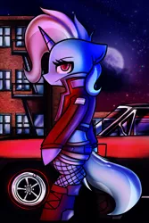 Size: 3333x5000 | Tagged: safe, artist:kranonetwork, derpibooru import, trixie, unicorn, 1970s, 80s, car, clothes, dutrot, eyelashes, female, fishnets, horn, image, jacket, neon, night, night sky, png, poster, racecar, sky, solo, stars, tail, trans female, trans trixie, transgender