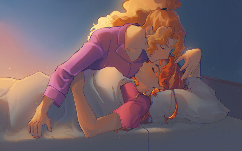 Size: 2000x1250 | Tagged: safe, artist:stummm, derpibooru import, adagio dazzle, sunset shimmer, equestria girls, bed, clothes, drool, eyes closed, female, forehead kiss, image, jpeg, kissing, lesbian, pajamas, shipping, sleeping, sunsagio