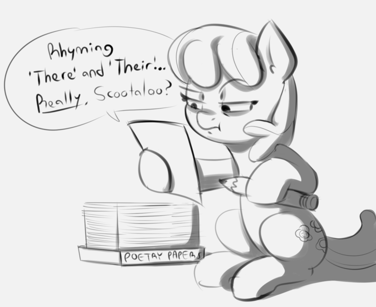 Size: 1572x1282 | Tagged: safe, artist:heretichesh, derpibooru import, cheerilee, earth pony, pony, female, homework, image, mare, monochrome, pencil, png, poetry, raised eyebrow, sketch, solo