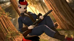 Size: 4096x2304 | Tagged: safe, artist:loveslove, derpibooru import, oc, oc:blackjack, anthro, unicorn, fallout equestria, fallout equestria: project horizons, 3d, clothes, commission, double barreled shotgun, fanfic art, female, gun, horn, image, jpeg, looking at you, shotgun, sitting, solo, solo female, source filmmaker, unicorn oc, vault suit, weapon