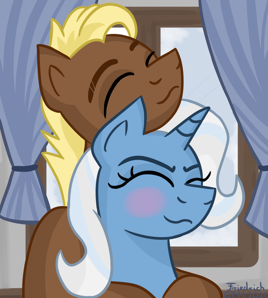 Size: 900x1000 | Tagged: safe, artist:friedrich911, derpibooru import, trixie, oc, oc:hideaway, pony, unicorn, blushing, canon x oc, eyes closed, hug, image, png, ponysona, room, smiling