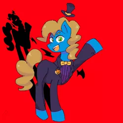 Size: 768x768 | Tagged: safe, artist:metaruscarlet, derpibooru import, oc, oc:silly scribe, unofficial characters only, earth pony, pony, bowtie, clothes, halloween, hat, holiday, image, male, open mouth, pants, png, raised hoof, red background, shadow, shirt, simple background, solo, stallion, suit, top hat, waving