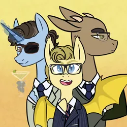 Size: 1024x1024 | Tagged: safe, artist:viking3ggs, derpibooru import, ponified, bat pony, earth pony, pony, unicorn, bat wings, bust, clothes, eyepatch, glasses, gradient background, image, kingsman: the secret service, male, necktie, png, smiling, stallion, suit, wings