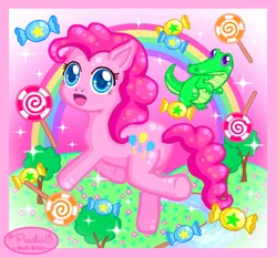 Size: 657x611 | Tagged: safe, artist:princess-peachie, derpibooru import, gummy, pinkie pie, alligator, earth pony, pony, candy, cute, diapinkes, food, image, lollipop, looking at you, png, rainbow, tree