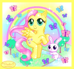 Size: 650x607 | Tagged: safe, artist:princess-peachie, derpibooru import, angel bunny, fluttershy, butterfly, insect, pegasus, pony, rabbit, animal, cute, flying, image, looking at you, png, rainbow, shyabetes, tree