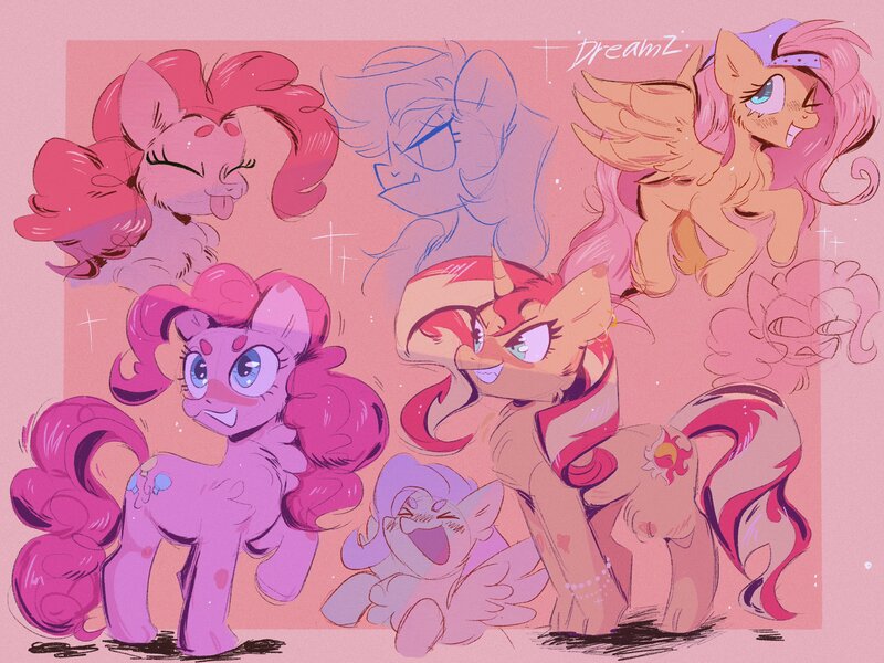 Size: 2048x1536 | Tagged: safe, artist:dreamsiiickle, derpibooru import, fluttershy, pinkie pie, rainbow dash, sunset shimmer, pegasus, pony, unicorn, :p, backwards ballcap, baseball cap, beanbrows, blushing, cap, chest fluff, cute, eyebrows, eyes closed, female, grin, hat, image, jpeg, lesbian, mare, one eye closed, raised hoof, shipping, smiling, sunsetpie, tongue out, wink