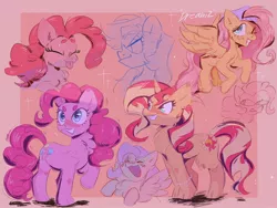Size: 2048x1536 | Tagged: safe, artist:dreamsiiickle, derpibooru import, fluttershy, pinkie pie, rainbow dash, sunset shimmer, pegasus, pony, unicorn, :p, backwards ballcap, baseball cap, beanbrows, blushing, cap, chest fluff, cute, eyebrows, eyes closed, female, grin, hat, image, jpeg, lesbian, mare, one eye closed, raised hoof, shipping, smiling, sunsetpie, tongue out, wink