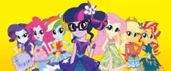 Size: 480x200 | Tagged: safe, official, applejack, fluttershy, pinkie pie, rainbow dash, rarity, sunset shimmer, twilight sparkle, equestria girls, legend of everfree, crystal gala dress, image, jpeg, mane six, official art, simple background, yellow background