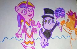 Size: 1280x814 | Tagged: safe, artist:dex stewart, derpibooru import, princess cadance, scootaloo, spike, anthro, bouquet, clothes, dress, female, flower, image, jpeg, male, scootaspike, shipping, straight, traditional art, wedding dress