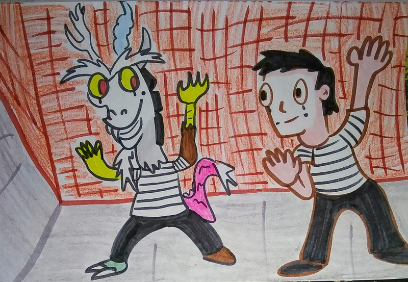 Size: 1280x884 | Tagged: safe, artist:dex stewart, derpibooru import, discord, human, image, jpeg, mime, traditional art