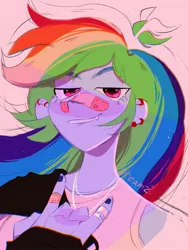 Size: 1536x2048 | Tagged: safe, artist:dreamsiiickle, artist:dreamz, derpibooru import, rainbow dash, equestria girls, bandaid, bandaid on nose, bust, clothes, devil horn (gesture), ear piercing, earring, female, grin, icon, image, jewelry, jpeg, lip bite, nail polish, necklace, piercing, portrait, ring, simple background, smiling, solo, tanktop