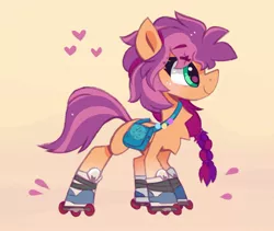 Size: 1500x1267 | Tagged: safe, artist:sugaryyflower, derpibooru import, sunny starscout, earth pony, abstract background, braid, chest fluff, female, g5, image, jpeg, looking up, plait, ponytail, rollerblades, roller skates, smiling, solo, standing