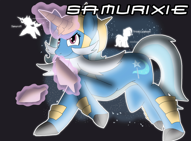 Size: 1920x1422 | Tagged: safe, artist:cartoonanimefan2000, derpibooru import, trixie, original species, samurott, abstract background, cutie mark, eyelashes, female, fusion, horn, image, jpeg, magic, pokémon, solo, tail, text