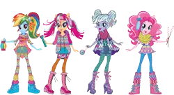 Size: 1493x813 | Tagged: safe, artist:cimmi cumes, official, pinkie pie, rainbow dash, sour sweet, sugarcoat, equestria girls, legend of everfree, boots, clothes, compass, concept art, food, geometric, high heel boots, image, lantern, marshmallow, pigtails, png, scarf, shoes, simple background, transparent background, what could have been
