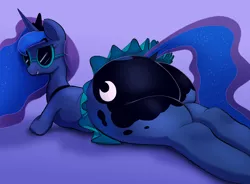 Size: 3500x2576 | Tagged: suggestive, artist:parumpi, derpibooru import, princess luna, alicorn, pony, butt, clothes, commission, commissioner:reversalmushroom, crown, ethereal mane, female, image, jewelry, mare, miniskirt, moonbutt, png, praise the moon, regalia, skirt, smiling, starry mane, starry tail, sunglasses, tail, the ass was fat