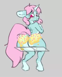 Size: 1200x1500 | Tagged: suggestive, artist:spoopygander, derpibooru import, oc, oc:scoops, unofficial characters only, anthro, pony, unicorn, blushing, female, food, frosting, image, jpeg, mare, rear view, solo