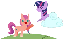 Size: 2672x1610 | Tagged: safe, artist:archooves, derpibooru import, sunny starscout, twilight sparkle, alicorn, earth pony, pony, my little pony: a new generation, cloud, g5, image, mlp fim's eleventh anniversary, png, pointy ponies, simple background, sunny and her heroine, transparent background