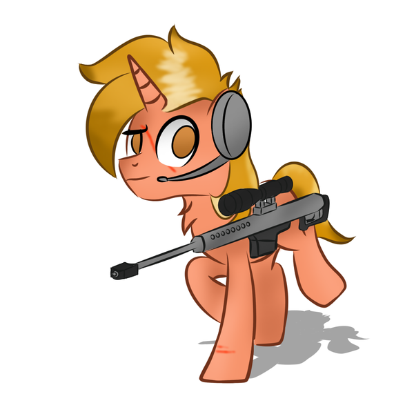 Size: 1000x1000 | Tagged: semi-grimdark, artist:pizzamovies, derpibooru import, oc, unofficial characters only, pony, unicorn, fallout equestria, battle saddle, blood, chest fluff, clothes, gun, headphones, image, male, png, rifle, scarf, simple background, sniper rifle, solo, stallion, weapon