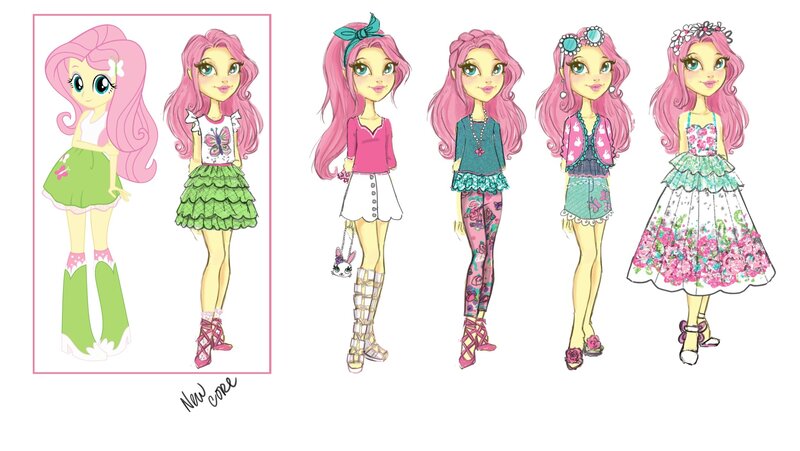 Size: 2500x1408 | Tagged: safe, artist:moniliza, official, fluttershy, equestria girls, equestria girls series, clothes, concept art, doll, dress, image, jpeg, line-up, new outfit, toy, vector