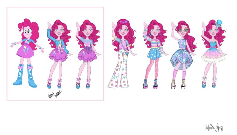 Size: 2500x1422 | Tagged: safe, artist:moniliza, official, pinkie pie, equestria girls, equestria girls series, clothes, concept art, doll, dress, glasses, image, jpeg, line-up, new outfit, toy, vector, waving