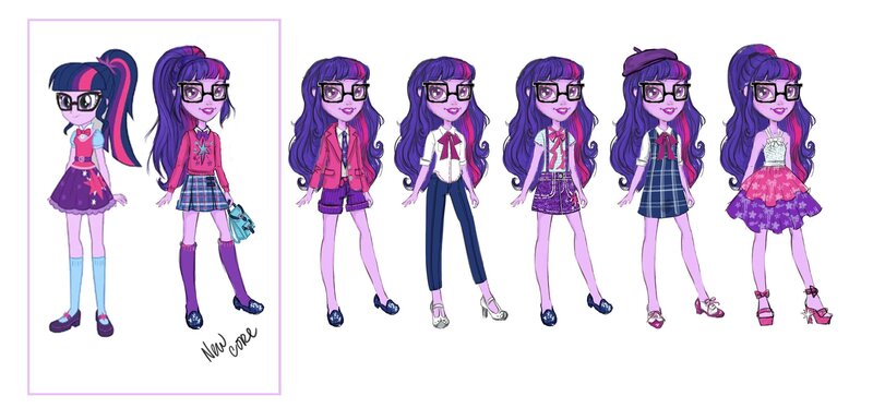 Size: 2500x1202 | Tagged: safe, artist:moniliza, official, sci-twi, twilight sparkle, equestria girls, equestria girls series, clothes, concept art, doll, glasses, image, jpeg, line-up, new outfit, simple background, toy, white background