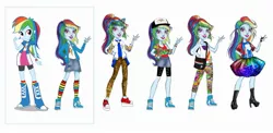 Size: 2500x1219 | Tagged: safe, artist:moniliza, official, rainbow dash, equestria girls, equestria girls series, clothes, concept art, doll, image, jpeg, line-up, new outfit, peace sign, rainbow socks, simple background, socks, striped socks, toy, white background