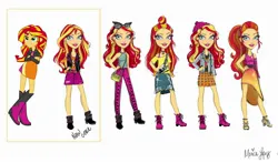 Size: 2500x1470 | Tagged: safe, artist:moniliza, official, sunset shimmer, equestria girls, equestria girls series, clothes, concept art, doll, dress, handbag, image, jpeg, line-up, new outfit, simple background, sunglasses, toy, white background