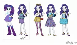 Size: 2500x1465 | Tagged: safe, artist:moniliza, official, rarity, equestria girls, equestria girls series, clothes, concept art, doll, handbag, image, jpeg, line-up, long skirt, new outfit, simple background, skirt, sunglasses, toy, white background