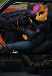Size: 2480x3600 | Tagged: safe, artist:apocheck13, derpibooru import, scootaloo, anthro, boots, camera, car, clothes, cutie mark, cutie mark on clothes, image, jacket, jpeg, leather jacket, muscle car, older, older scootaloo, pedal, plymouth hemi cuda, punk, shoes, solo
