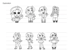 Size: 2134x1600 | Tagged: safe, artist:anabell chu chuntu, official, rarity, equestria girls, equestria girls series, character design, chibi, concept art, doll, fashion squad, image, jpeg, monochrome, size chart, size comparison, toy, toy design