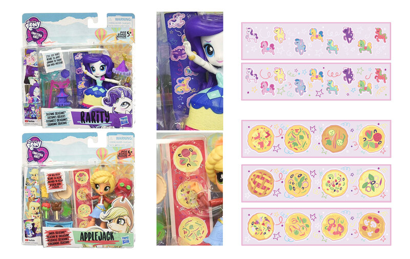 Size: 2500x1580 | Tagged: safe, artist:anabell chu chuntu, official, applejack, rarity, equestria girls, equestria girls series, rollercoaster of friendship, the other side, caramel apple girl, carousel dress, doll, equestria girls minis, food, image, jpeg, official art, pizza, sticker, toy, toy design