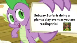 Size: 666x375 | Tagged: safe, derpibooru import, edit, edited screencap, screencap, spike, spike at your service, claw hold, exploitable meme, image, looking at you, meme, open mouth, plant2play, png, solo, spike card meme, subway surfer