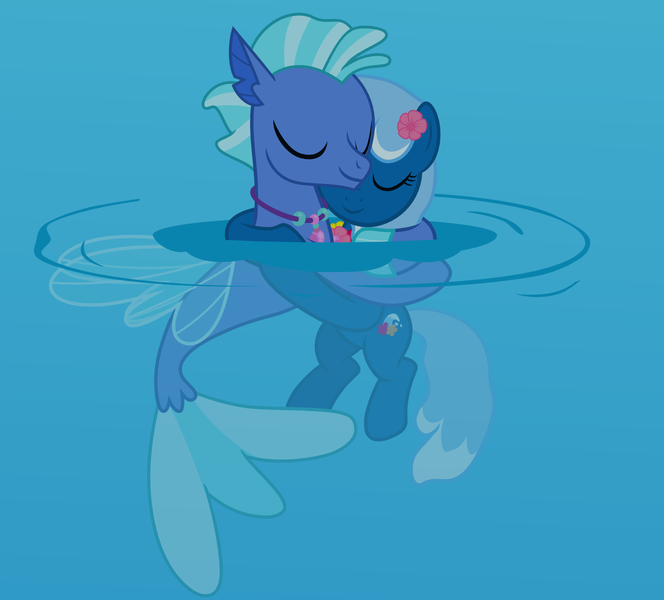 Size: 1500x1356 | Tagged: safe, derpibooru import, oc, oc:blue cove, oc:sea foam ep, unofficial characters only, earth pony, pony, seapony (g4), female, flower on ear, hug, image, lei, male, mlp fim's eleventh anniversary, night, oc x oc, ocean, png, shipping, vector