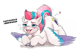 Size: 1495x957 | Tagged: suggestive, artist:pencils, derpibooru import, zipp storm, pegasus, pony, my little pony: a new generation, ahegao, aroused, ass up, blushing, blushing profusely, crying, dialogue, female, g5, heart, image, implied vulvar winking, jpeg, looking up, open mouth, raised tail, simple background, solo, solo female, spread wings, tail, tears of pleasure, tongue out, trembling, white background, wings