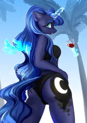 Size: 2894x4093 | Tagged: suggestive, artist:livitoza, derpibooru import, princess luna, alicorn, anthro, pony, alcohol, ass, bikini, breasts, butt, clothes, female, floating wings, glass, glow, glowing horn, glowing wings, hand on hip, horn, image, looking back, magic, magic aura, mare, moonbutt, palm tree, png, rear view, simple background, solo, solo female, swimsuit, telekinesis, tree, wine, wine glass, wings