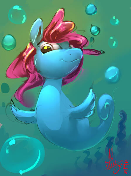 Size: 1339x1794 | Tagged: safe, artist:alumx, derpibooru import, sea pony, bubble, digital art, flowing mane, g1, image, jpeg, ocean, red mane, seaweed, signature, simple background, smiling, solo, swimming, underwater, water, yellow eyes