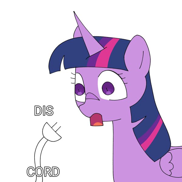 Size: 2048x2048 | Tagged: safe, artist:omelettepony, derpibooru import, twilight sparkle, twilight sparkle (alicorn), alicorn, pony, dis cord, female, high res, image, jaw drop, jpeg, mare, open mouth, power cord, pun, simple background, solo, surprised, visual pun, white background