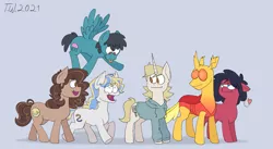 Size: 2151x1177 | Tagged: safe, artist:beefgummies, derpibooru import, oc, oc:beef gummies, oc:brynn, oc:fat jellyfish, oc:penny, oc:suspicious dealer, oc:the magical pony dude, unofficial characters only, changedling, changeling, earth pony, pegasus, pony, unicorn, :p, bedroom eyes, black mane, black tail, blue background, blue coat, blue eyes, blushing, brown coat, brown eyes, brown mane, brown tail, changeling oc, cheek squish, clothes, curly mane, curly tail, cute, cutie mark, earth pony oc, emanata, eye clipping through hair, eye contact, eyebrows, eyebrows visible through hair, female, floppy ears, flying, group, happy, height difference, hoodie, horn, image, looking at each other, looking over shoulder, male, mlp fim's eleventh anniversary, pegasus oc, png, poofy mane, red coat, sextet, signature, simple background, smiling, squishy cheeks, standing, striped mane, striped tail, tail, tongue out, trotting, two toned mane, two toned tail, unicorn oc, volumetric mouth, wall of tags, white coat, wholesome, wingding eyes, wings, yellow mane, yellow tail