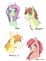 Size: 1280x1708 | Tagged: safe, artist:lovelyluckyy, derpibooru import, oc, oc:apple crust, oc:lilac, oc:mcintosh jr., oc:sun petal, unofficial characters only, earth pony, pegasus, pony, bust, female, half-siblings, image, jpeg, magical lesbian spawn, male, mare, offspring, parent:big macintosh, parent:fluttershy, parent:tree hugger, parents:flutterhugger, parents:fluttermac, siblings, simple background, stallion, white background