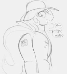 Size: 737x810 | Tagged: suggestive, artist:dotkwa, derpibooru import, oc, unofficial characters only, earth pony, pony, butt, dialogue, female, floppy ears, grayscale, hat, image, looking at you, looking back, looking back at you, mare, monochrome, plot, png, sketch, stamp, talking to viewer