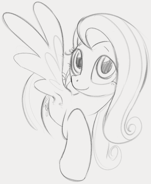 Size: 730x891 | Tagged: safe, artist:dotkwa, derpibooru import, fluttershy, pegasus, pony, female, grayscale, image, looking at you, mare, monochrome, png, raised hoof, sketch, smiling, smiling at you, solo, spread wings, wings