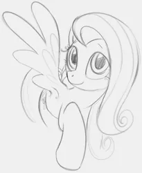 Size: 730x891 | Tagged: safe, artist:dotkwa, derpibooru import, fluttershy, pegasus, pony, female, grayscale, image, looking at you, mare, monochrome, png, raised hoof, sketch, smiling, smiling at you, solo, spread wings, wings